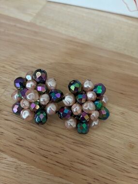 Vintage Cluster Bead Earrings in Iridescent Multi and Pearl Pink -West Germany